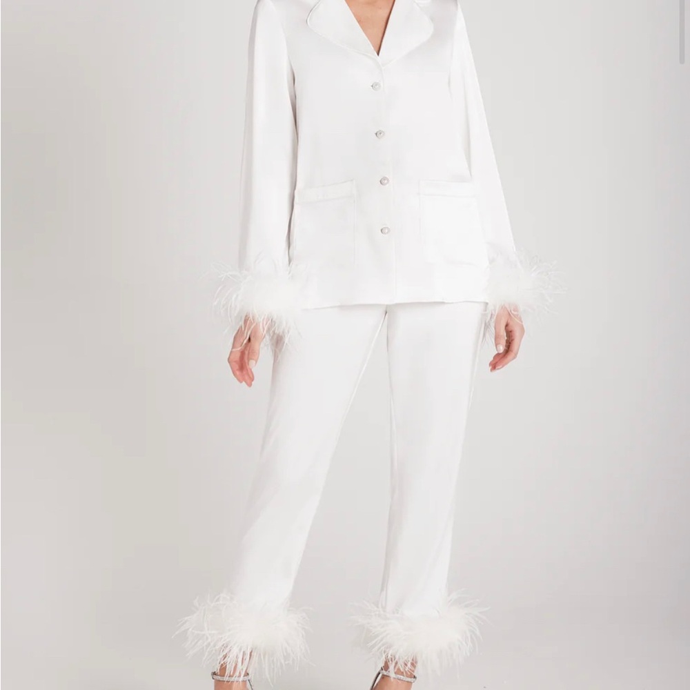 NWT Nadine Merabi Darcie Pajamas - White Bridal Feather PJs with Pearls
